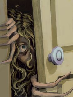 a painting of a woman hiding behind a door