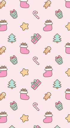 a pink wallpaper with many different types of food and decorations on it's surface