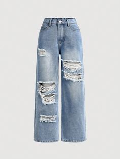 Cute Jean Pants, Cute Jeans For Kids, Ripoed Jeans, Ripped Wide Leg Jeans Outfit, Ripped Heans, Aesthetic Bottoms, Cute Baggy Jeans, Bottom Outfits