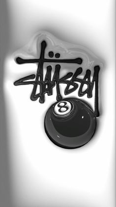 a pool ball with the number eight on it in black and white, is surrounded by spray paint