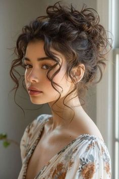 Soft Curly Updo Wedding, Hair Styles For Bun, Curly Hair Bun For Wedding, Updo With Curly Bangs, Fairy Bun Hairstyles, Cute Bangs For Curly Hair, Wedding Hair Bangs Updo, Bridesmaids Hairstyles For Curly Hair, Updo Bangs Wedding