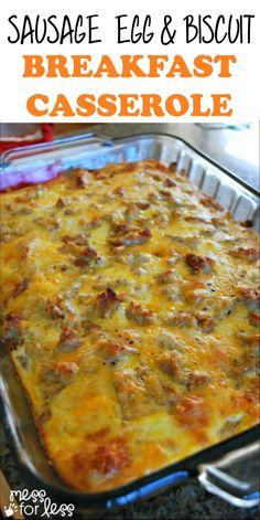 sausage egg and biscuit breakfast casserole in a glass baking dish with text overlay