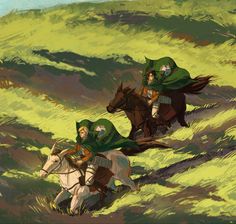 two people riding horses in the grass with green capes on their heads and one person wearing