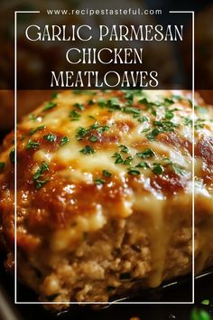 garlic parmesan chicken meatloafes on a baking sheet with text overlay