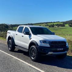 a white truck is parked on the side of the road in front of a grassy field