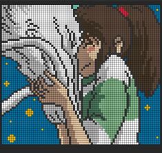 a cross stitch pattern of a girl holding a bird in her hand and looking at it