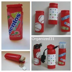 four different views of the same red plastic bottle with toothbrushes, batteries and money