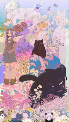 Cat Flower Wallpaper, Cat Girl Art, Wallpaper Backgrounds Iphone, Artistic Wallpaper, Backgrounds Iphone, Flower Art Drawing, Wallpaper Cute, Pop Art Wallpaper, Collage Background