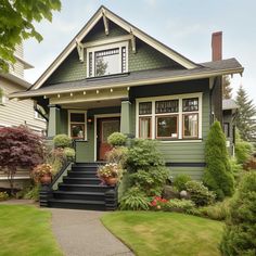 a green house with lots of plants and flowers on the front porch, along with steps leading up to it