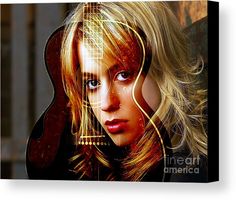 a woman with long blonde hair and blue eyes is looking at the camera metal print