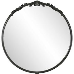 a round mirror with an ornate design on the top and bottom edge, is shown in black