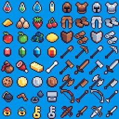 an image of pixel art with different types of tools and objects on it's screen