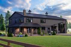 Board and batten siding mimics the ribbed metal roof on the exterior of this deluxe Barndominium-style house plan (stick-framing); the design concept that is sweeping the rural nation.The right side of this design is where you Farmhouse Style House Plans, Overhead Door, Casa Exterior, Barn Style House