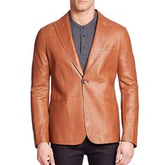 Customized Leather Blazer for Men's Tan Blazer Casual Men's Jacket Party Blazer Luxury Leather Jacket For Formal Occasions, Spring Formal Brown Blazer, Fitted Leather Party Blazer, Designer Leather Blazer For Spring, Brown Sport Coat For Semi-formal Spring Events, Elegant Leather Jacket For Fall, Classic Leather Blazer For Party, Classic Leather Party Blazer, Brown Tailored Blazer For Party