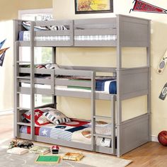 Aubrey Grey Triple Bunk Bed in Twin or Full Custom Kids Furniture 3 Tier Bunk Beds, Ikea Loft, Gray Furniture, Solid Wood Bunk Beds, Triple Bunk Beds, Triple Bunk Bed, Triple Bunk, Wood Bunk Beds, Cool Bunk Beds