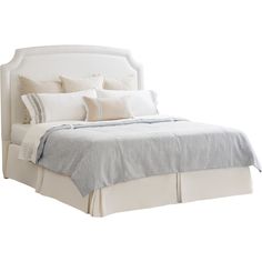 a bed with white linens and pillows on it's headboard, against a white background