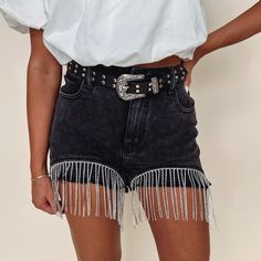 - 97% Cotton, 3% Spandex - Includes removable belt - Model is pictured in a size small - Waist measurements: S: 27", M: 29", L: 31" Trendy Fitted Bottoms With Belt, Summer Bottoms With Belt For Night Out, Trendy High Waist Belted Shorts, Summer Shorts With Belt Loops For Night Out, Trendy Fitted Bottoms With Rhinestones, Trendy High-waist Belted Shorts, Summer Night Out Bottoms With Belt, Black Bottoms With Belt For Summer, High Waist Belted Bottoms For Night Out