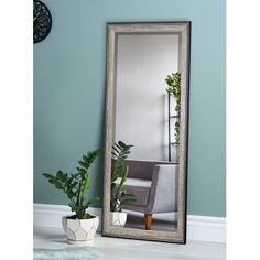 a large mirror sitting on top of a floor next to a potted green plant