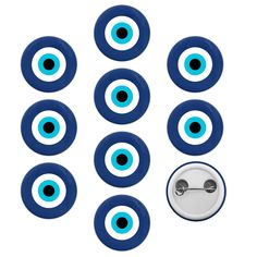 blue and white buttons with eyeballs on them