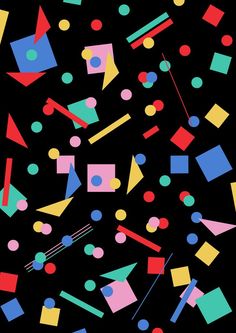 an abstract background with colorful shapes and lines on black paper, including circles, squares, dots, and rectangles