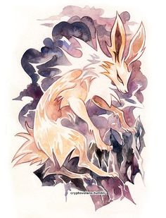 a watercolor painting of a fox running through the woods with its tail curled up