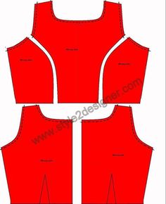 the front and back views of a red vest with white piping on it,