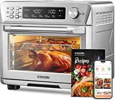 an appliance with food cooking in the oven next to it's contents