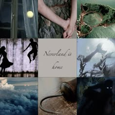 there is a collage of pictures with words and images in it that say, neverland is home