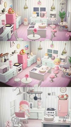 the interior of a dollhouse with pink furniture and accessories in it's rooms