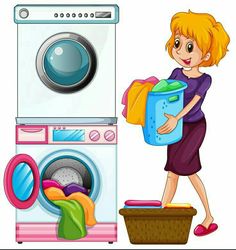 a woman holding a laundry basket near the washer and dryer on a white background