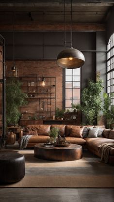 an industrial living room with leather furniture and large windows