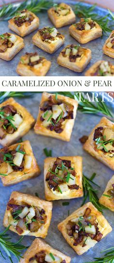 small appetizers are arranged on a plate with rosemary garnish and other toppings