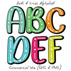 the letters abc and oef are colorful, with polka dots on each one side