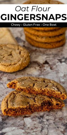 some cookies are stacked on top of each other with the words, oat flour ginger snaps