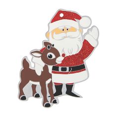 a santa clause standing next to a little deer on a white background with red glitter