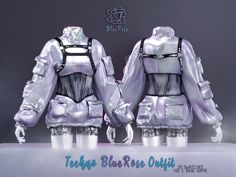 two mannequins in shiny silver outfits with black straps and harnesses on