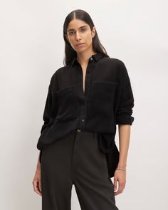 A classic—reimagined. Our best-selling Boxy Oxford now in a buttery soft, 100% TENCEL™ Lyocell fabric. With a classic point collar, dropped shoulders, a clean button front, oversized patch pockets, and a relaxed boxy shape. Polish it up with trousers and heels, or dress it down with jeans and sneakers for a casual-yet-put-together look. Known for its lightness and versatility, TENCEL™ Lyocell is a man-made cellulosic fiber extracted from PEFC and FSC-certified responsible wood sources. It of Versatile Everyday Collared Shirt, Everyday Versatile Collared Shirt, Versatile Everyday Shirt For Fall, Relaxed Everyday Shirt For Fall, Relaxed Fall Shirt For Everyday Wear, Versatile Everyday Fall Shirt, Versatile Shirt With Shirttail Hem, Relaxed Everyday Fall Shirt, Solid Color Shirt With Relaxed Fit For Layering