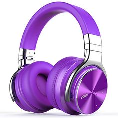 the purple headphones are on display against a white background