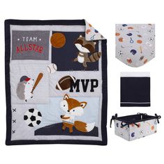 a baby blanket, bib and diaper set with sports themed items on it