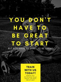 a man sitting on the ground with his feet crossed and texting you don't have to be great to start train with us today