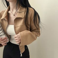 Vintage Solid Color Zip Up Cropped Jacket Trendy Khaki Outerwear With Zipper Closure, Trendy Beige Outerwear With Zipper Closure, Ootd Vintage, Fall Outfits Korean, Casual Knitwear, Long Sleeve Knit Dress, Suede Fabric, Vintage Casual, Cropped Jacket