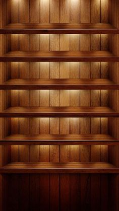 an empty wooden shelf with three lights on it and some shelves in the middle, all lit up