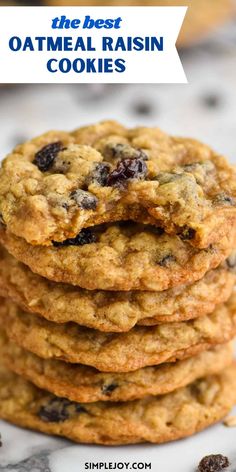 oatmeal raisin cookies stacked on top of each other with text overlay