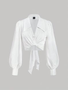 Women's White Collar Puff Sleeve Long Sleeve Cross Wrap Shirt, Ribbon Bow Tie, Elegant Gentle Fashion Blouse White Elegant  Long Sleeve Woven Fabric Plain Top Non-Stretch  Women Clothing, size features are:Bust: ,Length: ,Sleeve Length: Wrap Shirts For Women, Fitted Top With Bishop Sleeves, Party Solid Color Tops With Blouson Sleeves, Solid Color Bishop Sleeve Tops For Summer, White Party Top With Blouson Sleeves, White Collared Top With Blouson Sleeves, White Long Sleeve Puff Sleeve Top For Party, White Puff Sleeve Long Sleeve Top For Party, White Puff Sleeve Long Top For Party