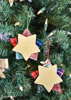 christmas tree ornaments with the words star ornaments from crafting with flannel on them