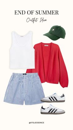 end of summer outfit, summer outfut ideas, summer out fit idea, cute summer fit, casual summer outfit, red cardigan, white t shirt, adidas samba, blue strioed shorts, green hat Adidas Samba Blue, Cute Summer Fits, Fits Summer, Summer Moodboard, Summer Dresses Casual, Dresses Casual Summer, Looks Summer, Cardigan White, Outfit Red