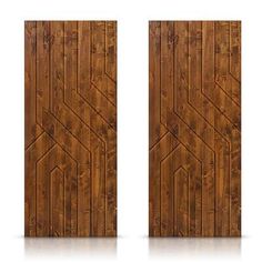 an open wooden door with wood paneling on the outside and inside doors, both side by side