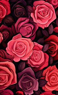 many red and pink roses are in the dark, with green leaves on top of them