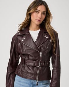 Crafted in supremely soft 100% leather in a dark red oxblood shade, the Cento Jacket epitomizes the classic moto jacket. With a slight drop shoulder, self-belt waist with a buckle, and nickel hardware, this staple jacket will be a treasured piece of your wardrobe for years to come. | Cento Jacket - Dark Oxblood Leather | Size Medium Burgundy Leather Jacket With Zipper For Fall, Fall Burgundy Leather Jacket With Zipper Closure, Burgundy Biker Jacket With Zipper For Fall, Fall Burgundy Biker Jacket With Zipper Closure, Burgundy Leather Biker Jacket For Fall, Burgundy Biker Jacket For Fall Workwear, Fall Burgundy Biker Jacket For Workwear, Fall Burgundy Biker Jacket For Work, Classic Burgundy Leather Jacket For Fall