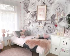 This beautiful black and white version of our peony and rose wallpaper will add that WOW factor to any room in your home! This wallpaper design includes a collection of stunning, large watercolour peonies, roses and leaves on a soft white background. Each element is designed to look like its hand painted onto your wall. Ginger Monkey wallpaper is made using a peel and stick, polyester fabric material that can be installed on virtually any flat, clean surface and then removed and reused many t... Wallpaper Floral, Big Girl Rooms, Wallpaper Bedroom, Rose Wallpaper, Room Wallpaper, New Wall, Reading Nook, My New Room, New Room